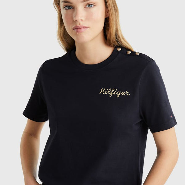 TOMMY HILFIGER 
GOLD BUTTON STRIPE T-SHIRT size M