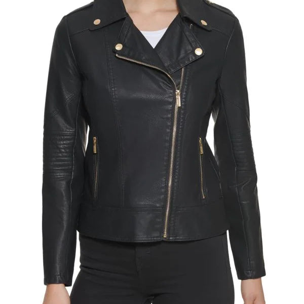 GUESS Faux Leather Asymmetrical Moto Jacket In Black size Large