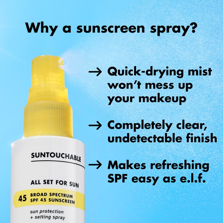 Elf Suntouchable All Set for Sun SPF 45 Broad-spectrum SPF 45 sunscreen and clear makeup setting spray