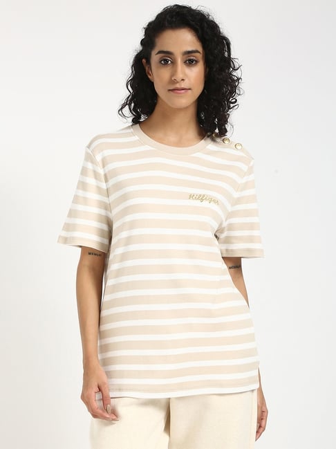 TOMMY HILFIGER Beige Cotton Stripes Short Sleeve T-Shirt size M