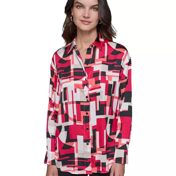 KARL LAGERFELD PARIS Women's Satin Printed Oversized Button-Front Top size M