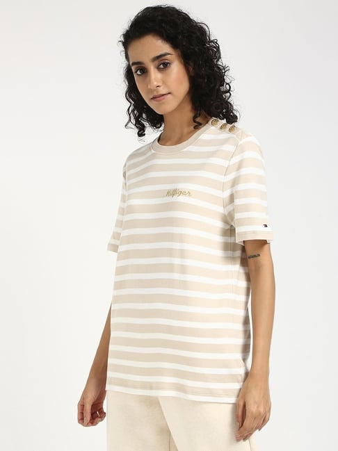 TOMMY HILFIGER Beige Cotton Stripes Short Sleeve T-Shirt size M