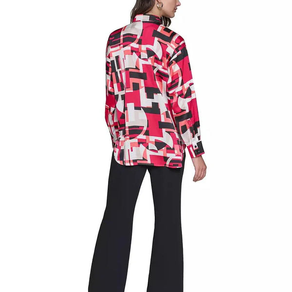 KARL LAGERFELD PARIS Women's Satin Printed Oversized Button-Front Top size M