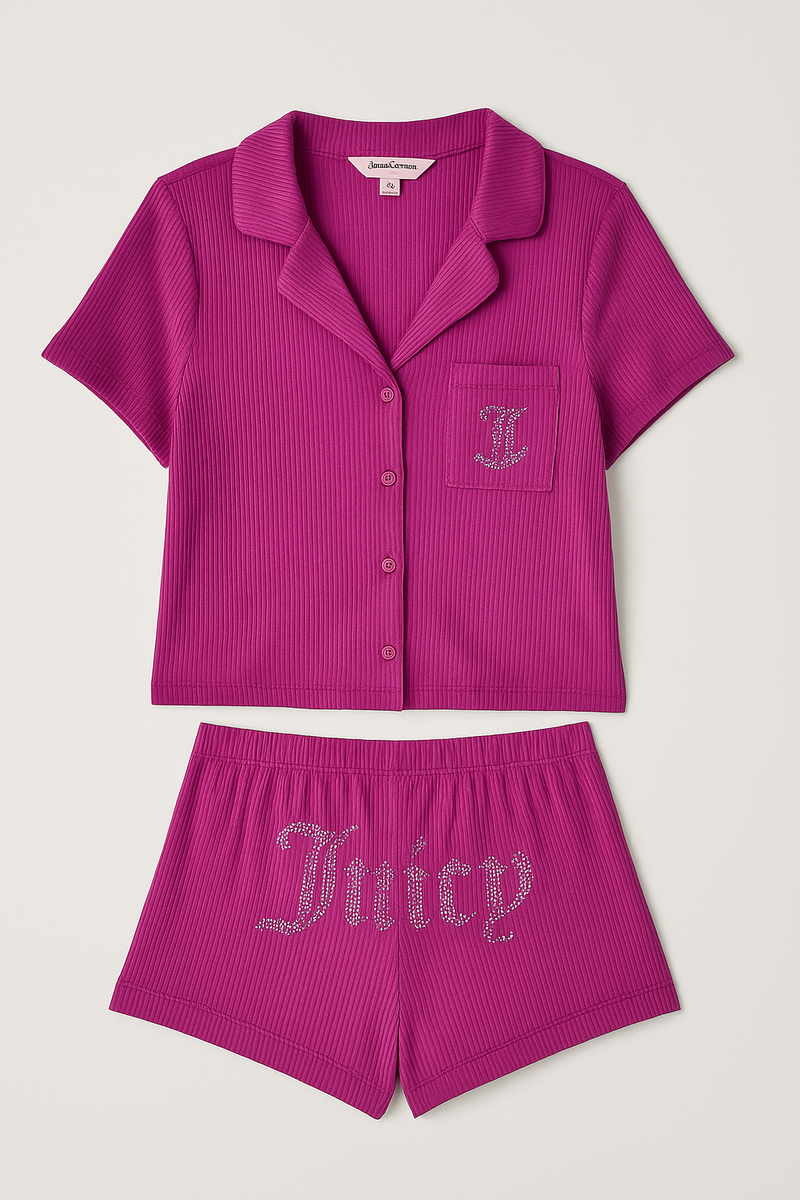 Juicy Couture Women's Ribbed Velour Pajama Set – Magenta "Juicy" Rhinestone Logo size L