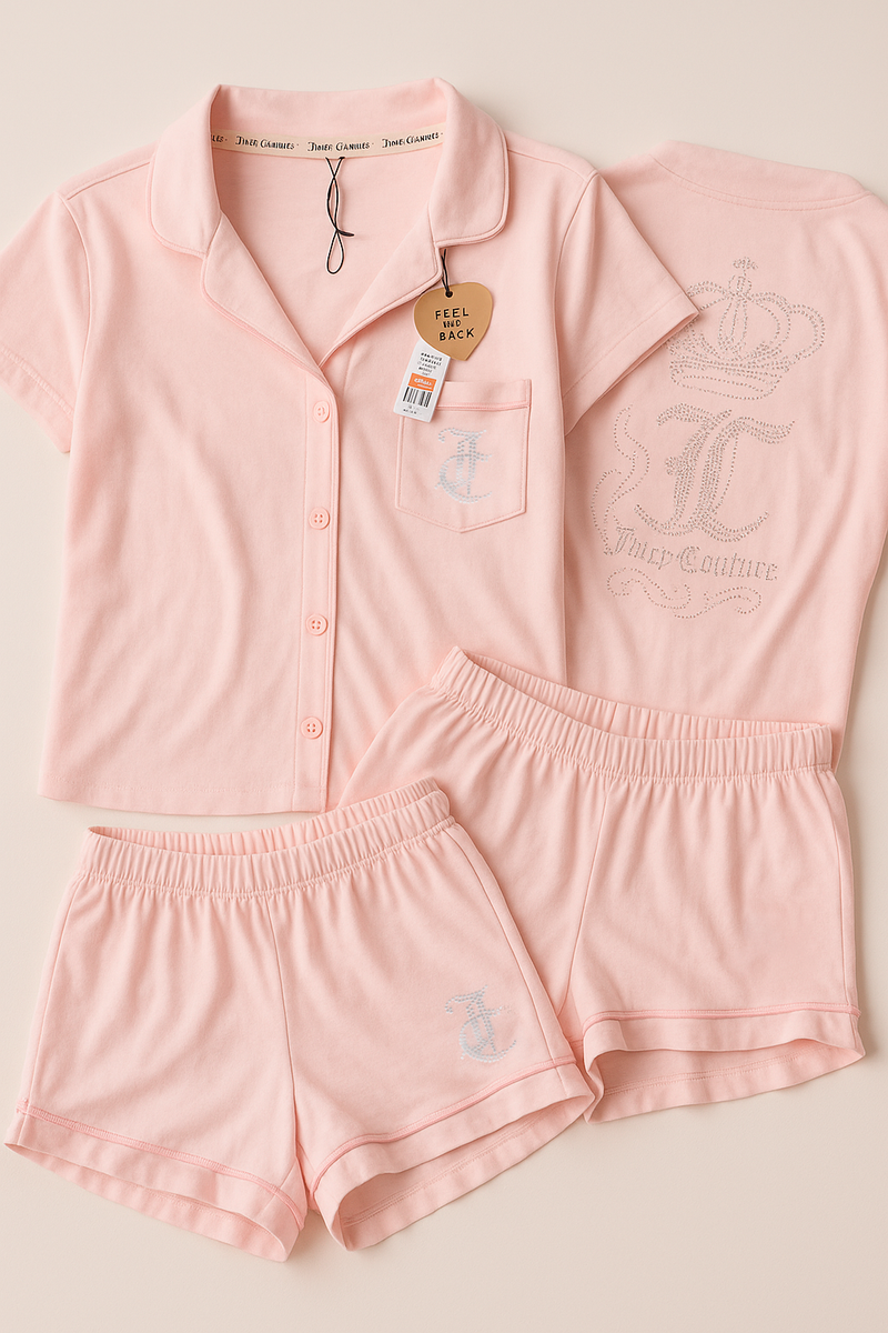 Juicy Couture Women's Rhinestone Logo Pajama Set – Pink Short Sleeve Button-Up & Shorts