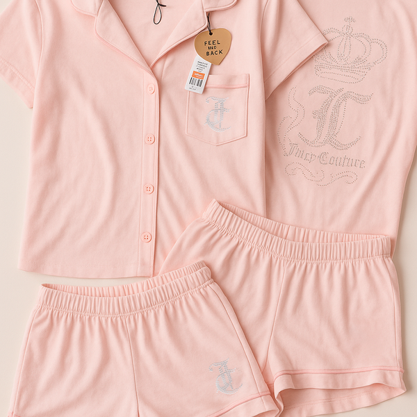 Juicy Couture Women's Rhinestone Logo Pajama Set – Pink Short Sleeve Button-Up & Shorts