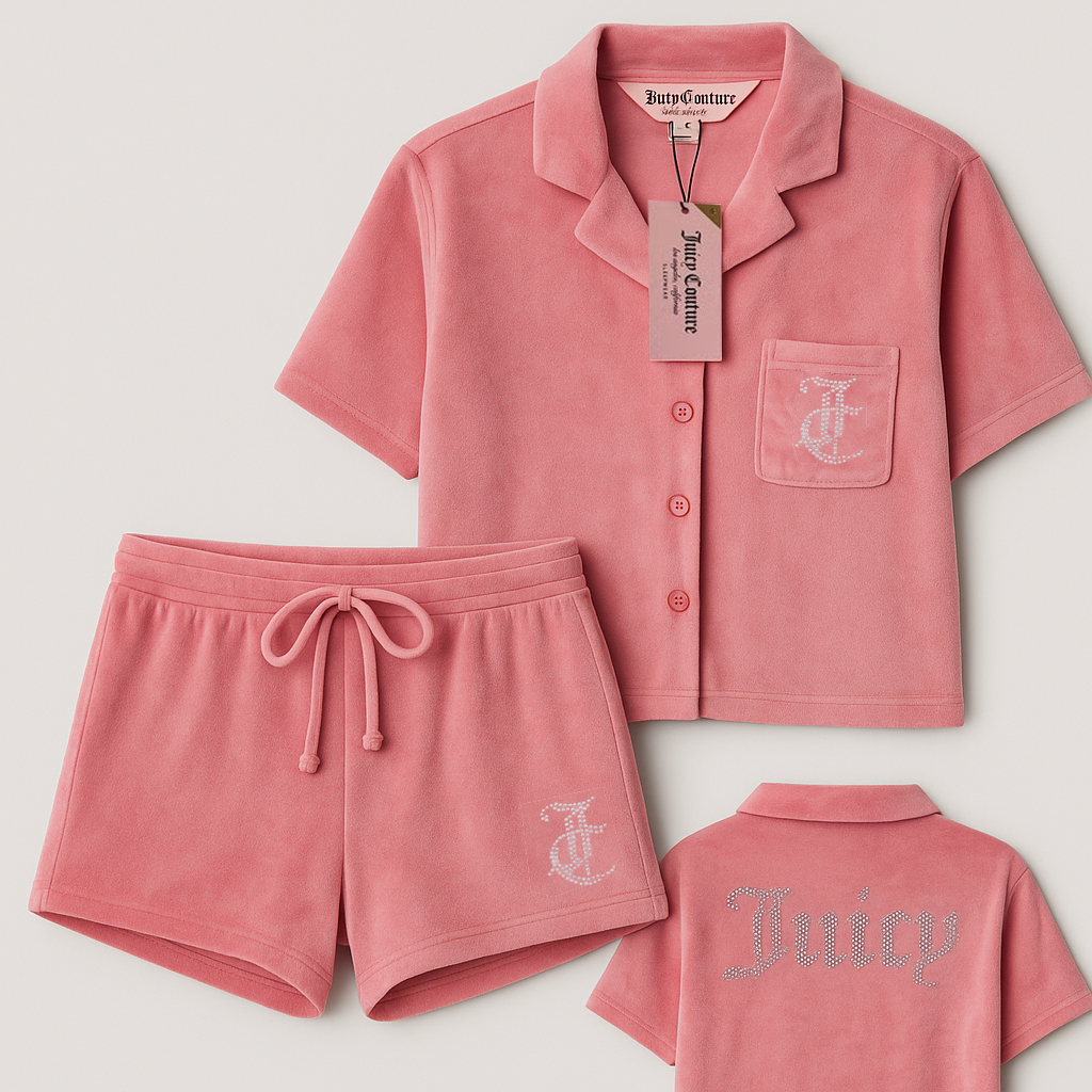 Juicy Couture Velour Pajama 2 Pcs Loungewear Button Up Top Shorts