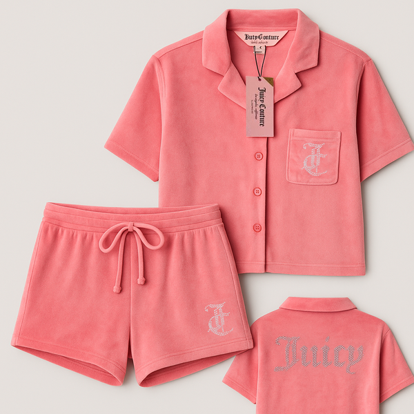 Juicy Couture Velour Pajama 2 Pcs Loungewear Button Up Top Shorts