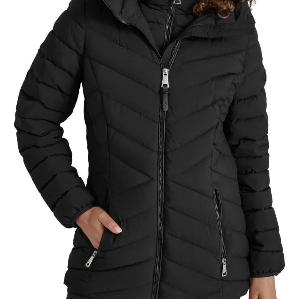 DKNY Missy Chevron Quilted Bib-Front Puffer Jacket Loden Black L