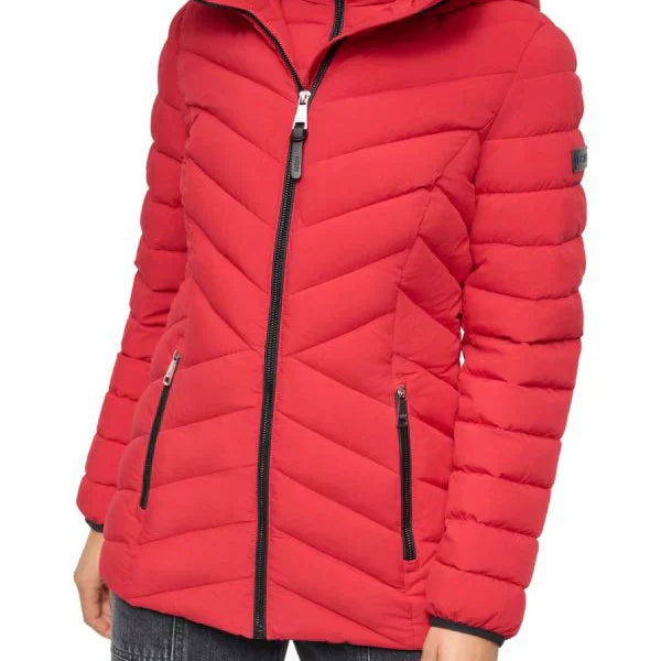 DKNY Missy Chevron Quilted Bib-Front Puffer Jacket Loden Ruby M