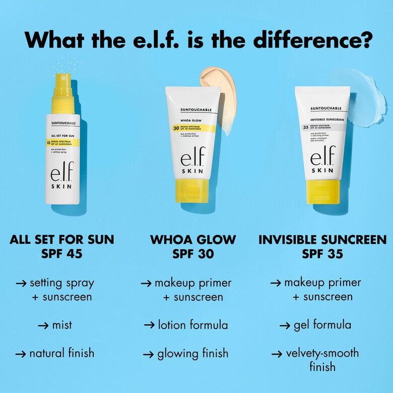 Elf Suntouchable All Set for Sun SPF 45 Broad-spectrum SPF 45 sunscreen and clear makeup setting spray