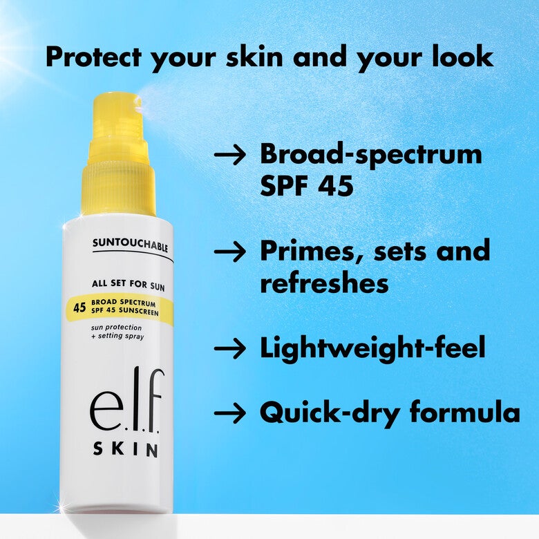 Elf Suntouchable All Set for Sun SPF 45 Broad-spectrum SPF 45 sunscreen and clear makeup setting spray