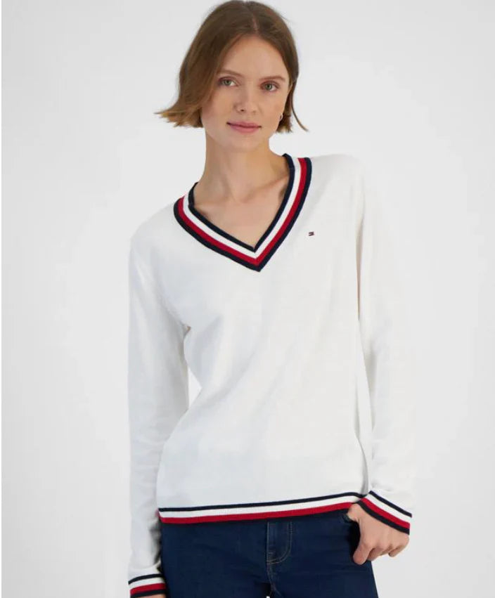 Tommy Hilfiger Women's Contrast-Trim V-Neck Sweater white XL