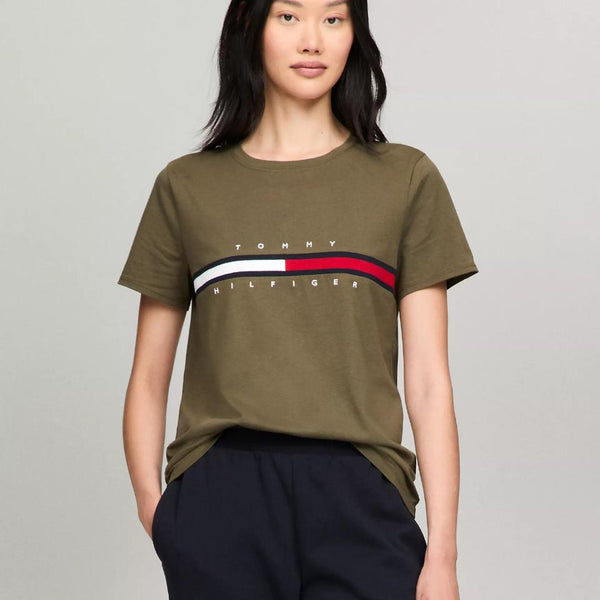 Tommy Hilfiger Embroidered Flag Stripe Logo T-Shirt Army Green