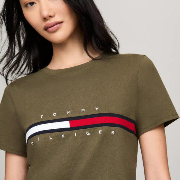 Tommy Hilfiger Embroidered Flag Stripe Logo T-Shirt Army Green