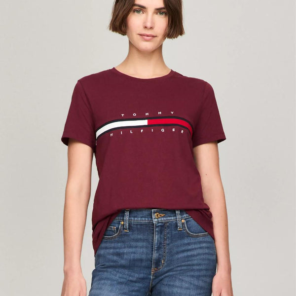 Tommy Hilfiger Embroidered Flag Stripe Logo T-Shirt Deep Rouge